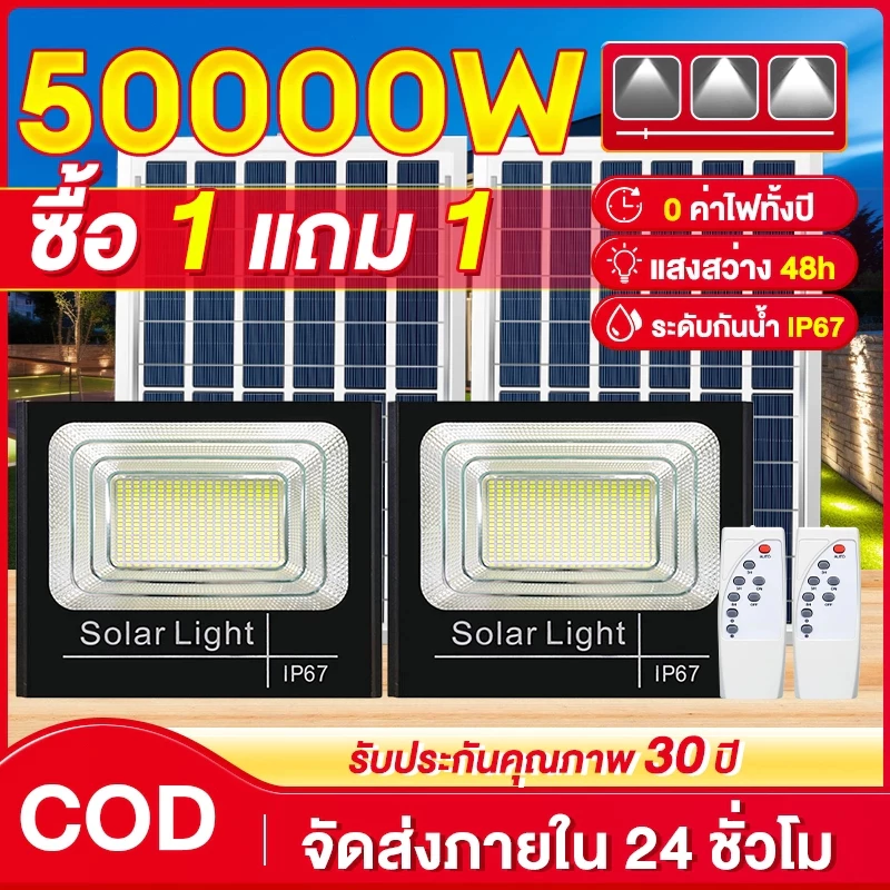 JDซื้อ 1 แถม 1ไฟโซล่าเซลล์ ไฟโซล่าเซล 20000W โซล่าเซลล์ แสงสีขา กันน้ำ กันฟ้าผ่า IP67 ไฟกลางแจ้งพลังงานแสงอาทิตย