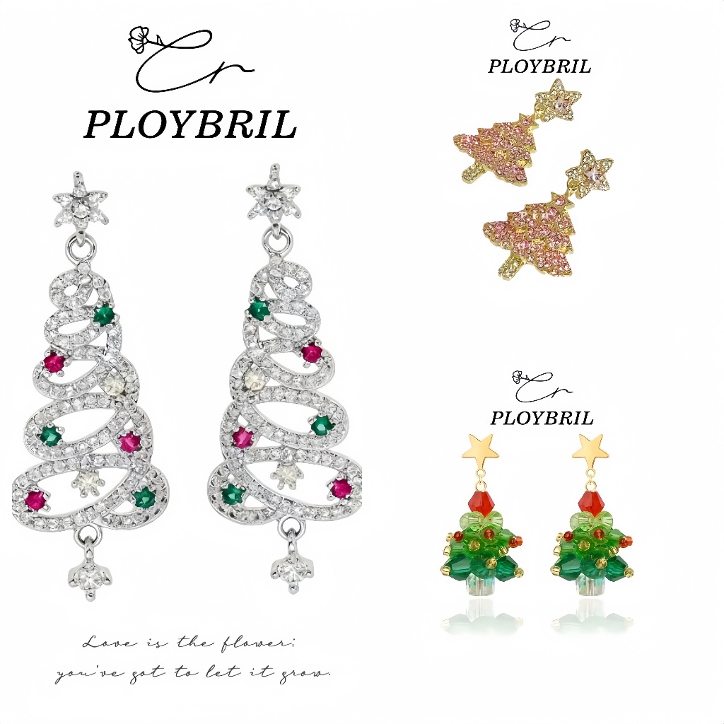 ต่างหูคริสต์มาส วันคริสต์มาส Christmas Tree ต่างหูผู้หญิง ประดับเพชร สีสันสดใส ใส่ปาร์ตี้ งานเทศกาล ต่างหูแฟชั่น E0