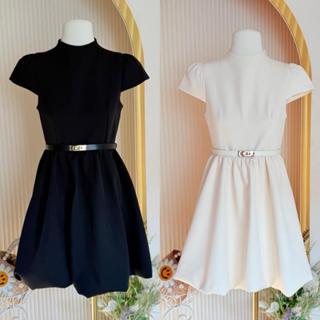 [LISA] A1247 ชุดเดรสกระโปรงคอกลมแขนลํ้าแต่งเข็มขัดซิปซ่อนด้า…
