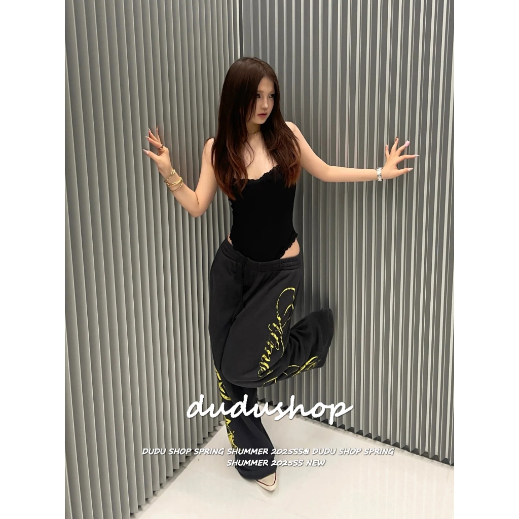 [Star and letter print wide-leg pants]กางเกงขากว้างพิมพ์ลายสไตล์ย้อนยุคลำลองสไตล์เกาหลีสำหรับผู้หญิง