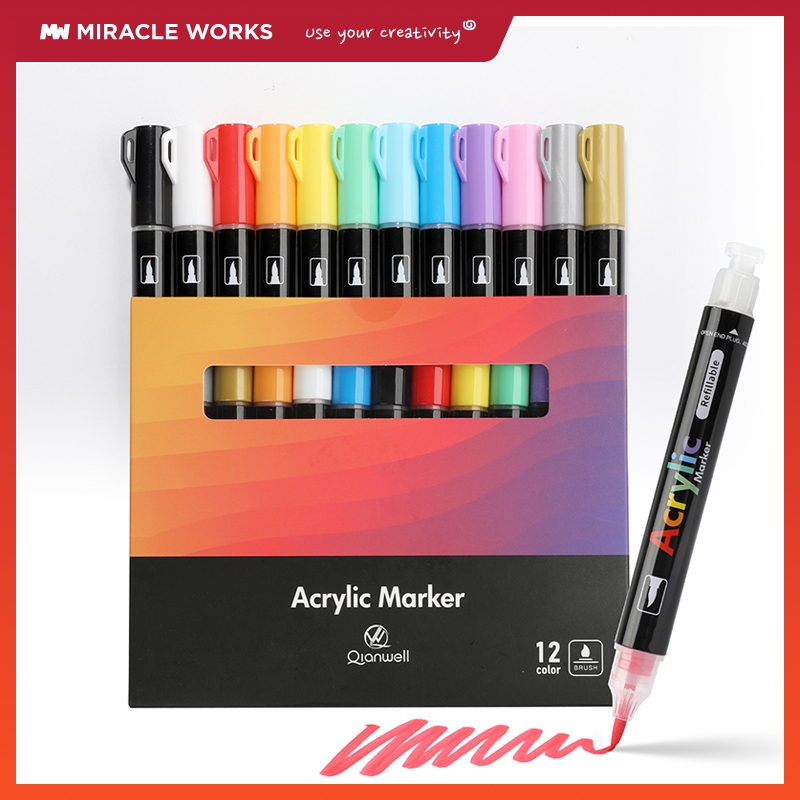 MW 12/24 สี ปากกาอะคริลิค-หัวพู่กัน ประเภทกด Brush-tip Press Acrylic Marker ชุดปากกามาร์กเกอร์อะคริล