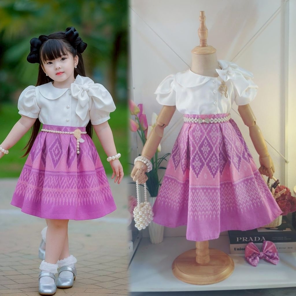 ชุดไทยเด็กหญิง ชุดไทยประยุกต์ set 3 ชิ้น เสื้อผ้าซาร่า+กระโปรงผ้าฝ้ายพิมพ์ลายเสื้อ+กระโปรงพิมพ์ลาย+กิ๊บติดผม