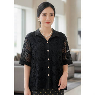 เสื้อลูกไม้ เสื้อลูกไม้กระดุมคอปกผ้าลินิน เสื้อคนแก่ใส่งานบุ…