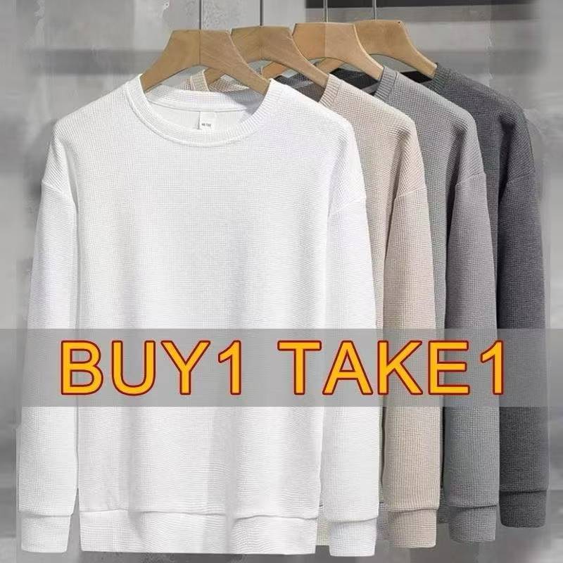 TwoStar ซื้อ 1 แถม 1 เสื้อยืดแขนยาววาฟเฟิลเรียบสำหรับผู้ชาย คอกลม เสื้อสเวตเชิ้ต ราคา ถูกที่สุด ดีลบีเคเค แกลเลอรีภาพที่ 2