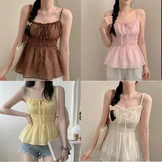 อก28-42เสื้อสายเดี่ยวผูกหน้าระบายช่วงเอว ใส่แล้วดูเอวคอด ช่วยพรางหุ่น สาวอวบใส่ได้อกถึง44 เสื้อผ้าผู้หญิง
