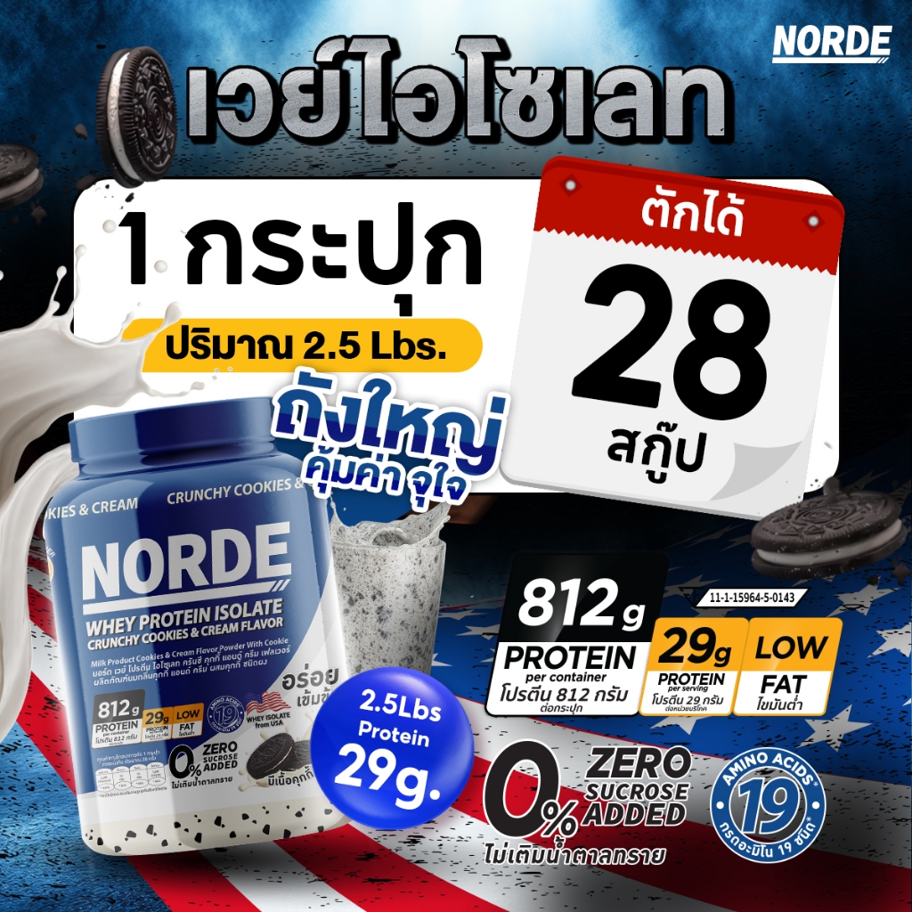 Norde Whey Protein Isolate เวย์โปรตีน ไอโซเลท เสริมสร้างกล้ามเนื้อ โปรตีนสูง 29g  กระปุกใหญ่ 2.5 lbs ราคา ถูกที่สุด ดีลบีเคเค แกลเลอรีภาพที่ 2