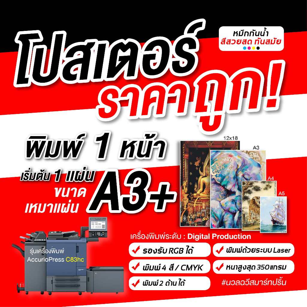 โปสเตอร์พิมพ์สำเร็จ1ด้าน ขนาด A3+,A3,12x18" หนา250g-350g ภาพโฟโต้ โบว์ชัวร์ (ส่งภาพเร็วผลิต1-3วัน)