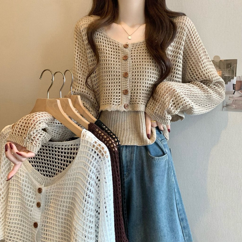 ชุดเสื้อกล้ามคาร์ดิแกนถักแขนยาวตาข่ายใหม่สำหรับผู้หญิงสองชิ้น