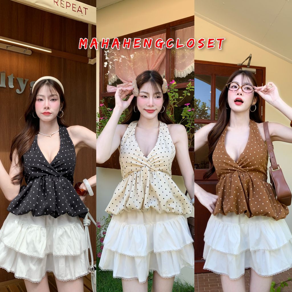 💰MahahengCloset💰เสื้อคล้องคอทรงบอลลูนลายจุดสุดคิวท์ ดีไซน์ไขว้ผูกโบว์หลัง ช่วยเก็บทรงให้ดูน่ารักสุดๆ