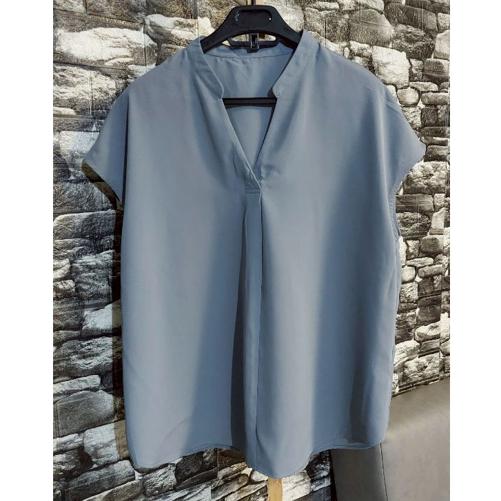 เสื้อเบลาส์/เชิ๊ตแขนสั้นคอจีน  สีฟ้าเทา GU Size L