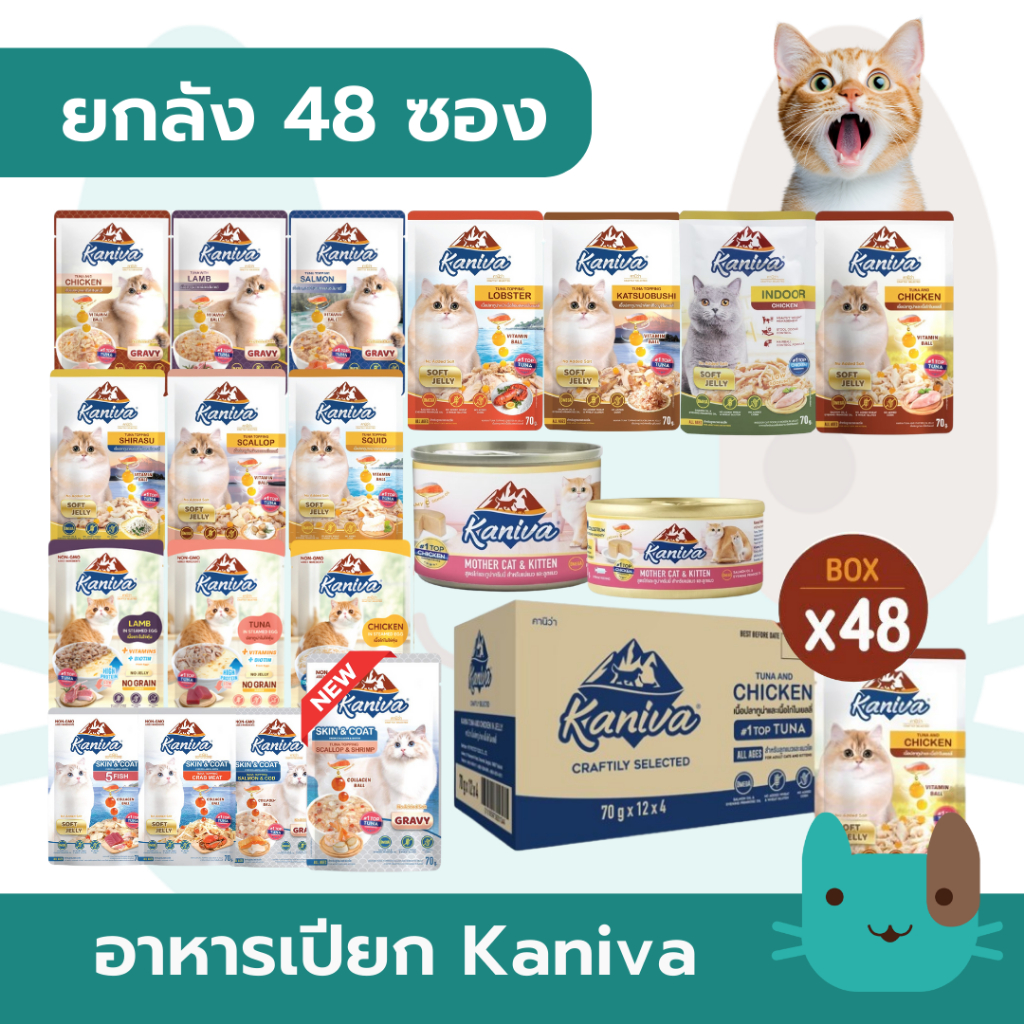 (ยกลัง) Kaniva อาหารเปียกแมวคานิว่า 48 ซอง กรดพรีเมี่ยม ผสมวิตามินบอล ไม่เติมเกลือ  มีโปรตีนสูง