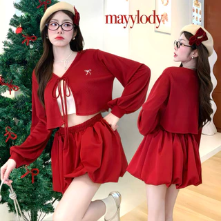 ❤️mayylody❤️ Cardigan Top คาร์ดิแกน / เสื้อคลุม / เสื้อแขนยาว แขนพองตุ๊กตา ปักโบว์ สไตล์เกาหลี ❤️เสื้อสีแดง / คริสต์มาส