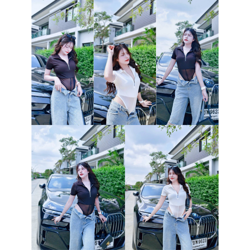 💕ShopBypuy💕บอดี้สูทซิปหน้าแขนสั้นช่วงเอวเป็นซีทรู🔥