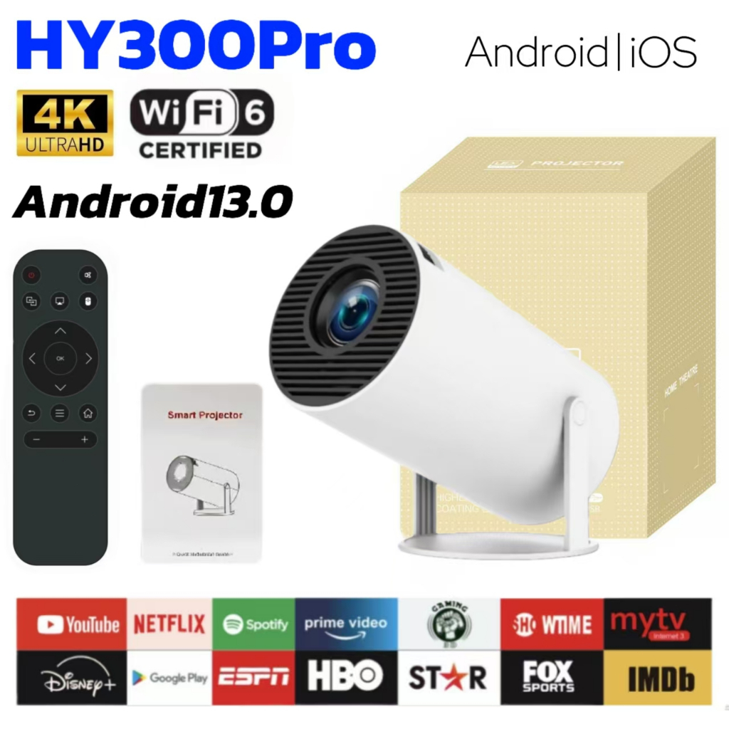 โปรเจ็กเตอร์ HY300 Pro 4K 1080P Android 13.0 WiFi 5G HDMI/USB สนับสนุน การมิเรอร์หน้าจอ