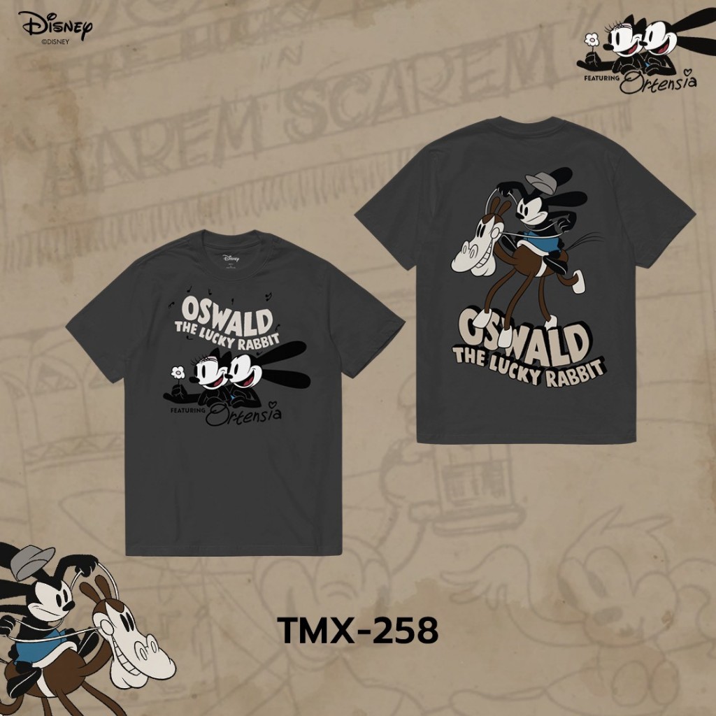 Power 7 Shop เสื้อยืดการ์ตูน "Oswald the Lucky Rabbit" ลิขสิทธิ์แท้ DISNEY (TMX-258-สีเทาเข้ม)