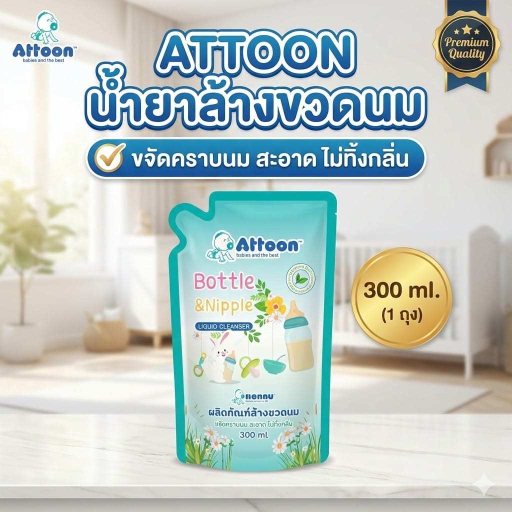 น้ำยาล้างขวดนม Set 1 ถุง Attoon แอทตูน ขจัดคราบนม ไม่ทิ้งกลิ่น ขนาด 300 ml.