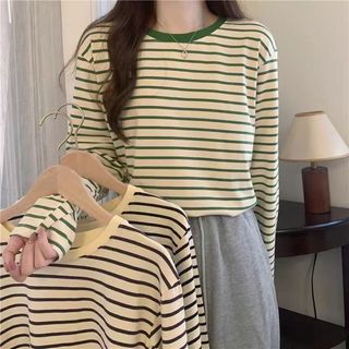 Mr cool สินค้าพร้อมส่ง เสื้อยืดลายทางแขนยาวสไตล์เกาหลีสำหรับผู้หญิง มี2สี ผ้านิ่มระบายอากาศได้ดี