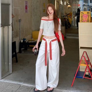 เสื้อยืดแขนสั้น เสื้อเปิดไหล่ ลายทางสีตัดกัน ทรงเข้ารูป เอวลอย ใส่เเล้วดูผอม #222381