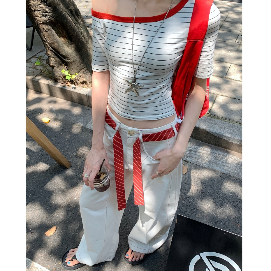 เสื้อยืดแขนสั้น เสื้อเปิดไหล่ ลายทางสีตัดกัน ทรงเข้ารูป เอวลอย ใส่เเล้วดูผอม #222381 - รูปที่ 6