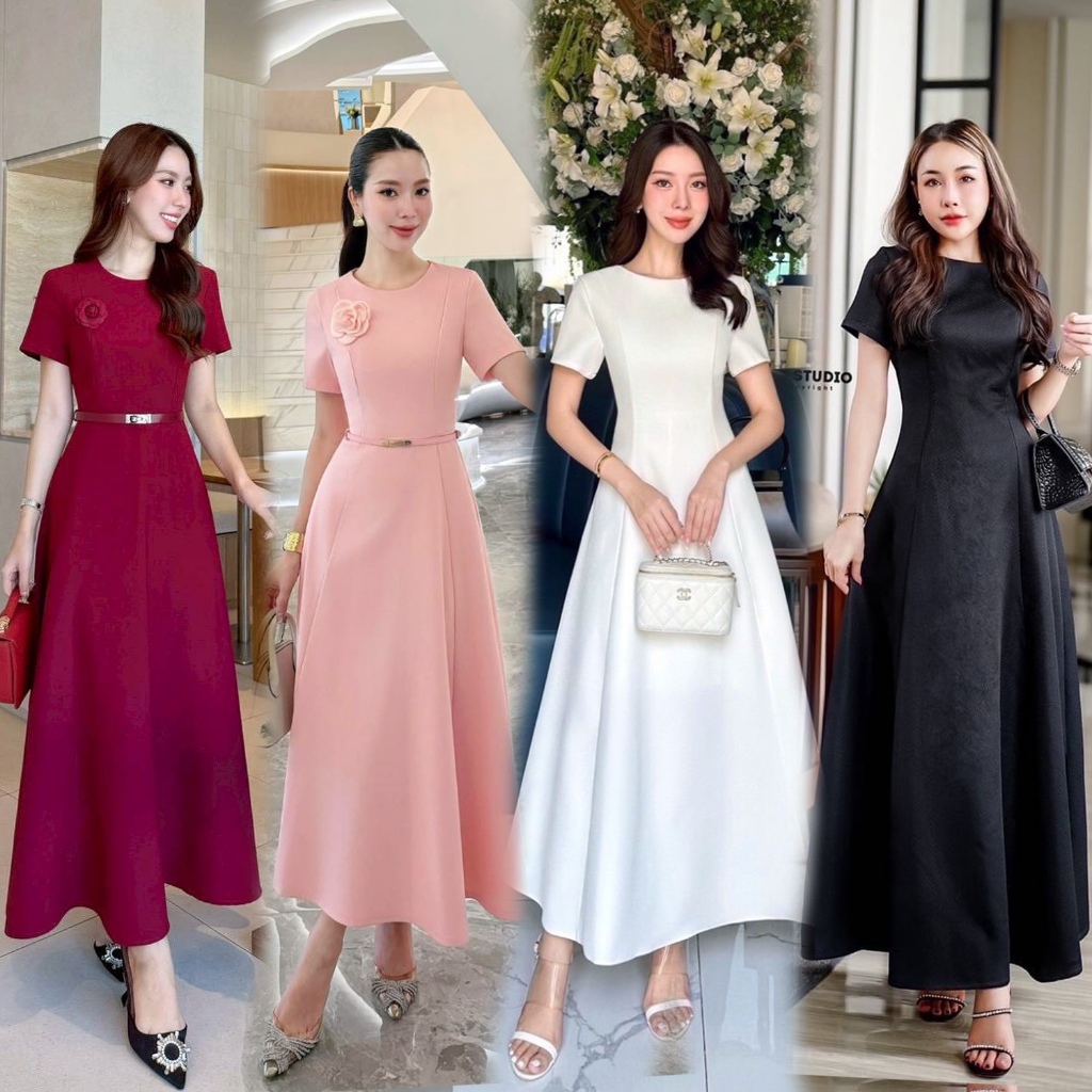 S-XXL✨ชุดเดรสยาวออกงาน สีขาว,ชมพู,ดำ,แดง แขนสั้น #Btstudio #Abigail #Stylista