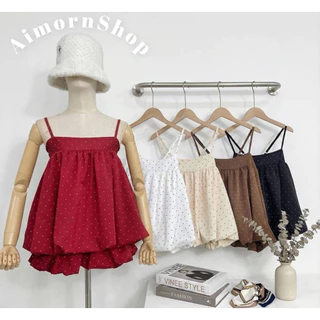 🔥aimorn_shop🔥เสื้อสายเดี่ยวทรงบอลลูน ลายจุด น่ารักมาก ปรับสายได้ ผ้าใส่สบาย