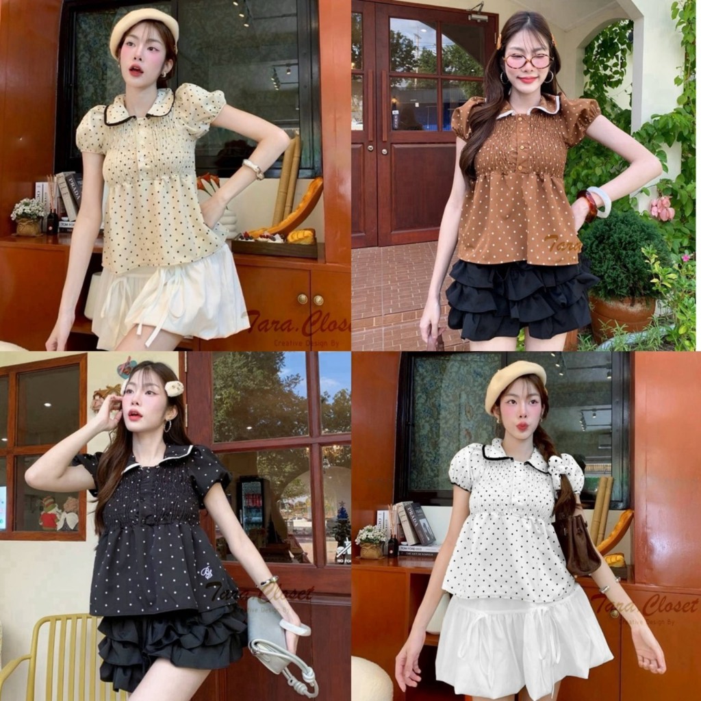 BA096 TARA Shirt เสื้อเชิ้ต คอบัว กระดุมหน้า แขนตุ๊กตา สม็อกรอบตัว เนื้อผ้าฝ้ายพิมพ์ลายสก็อต