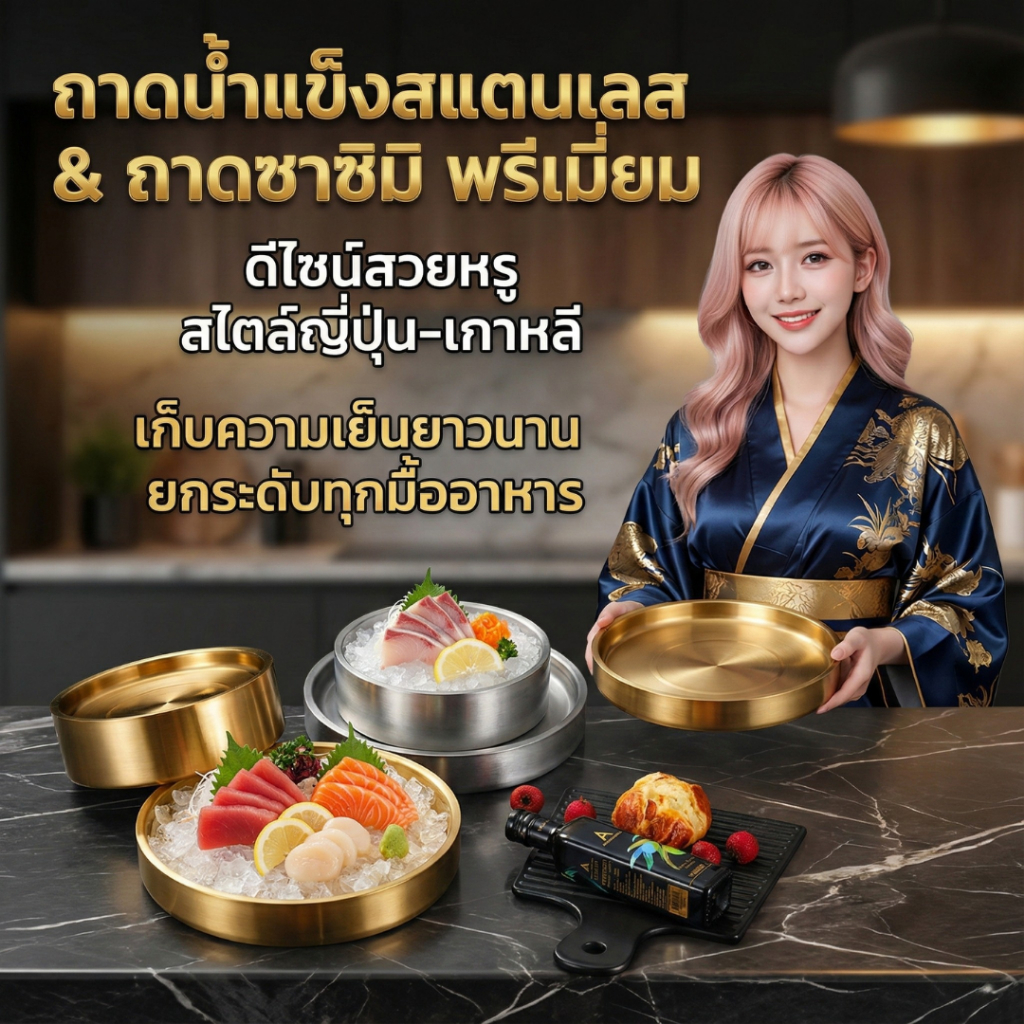 ถาดน้ำแข็งสแตนเลส เย็นอย่างต่อเนื่องไม่ละลาย ถาดใส่ปลาดิบ ถาดซาชิมิ สแตนเลส304  สีทอง/เงิน ถาดเก็บความเย็น ผลไม้ ปลาดิบ