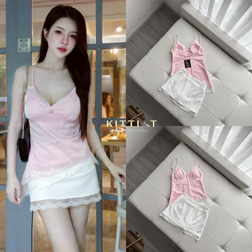 KITTI-T Set (2)ชิ้น เสื้อ+กระโปรง สายเดี่ยวผ้าซาติน สี(Black & Cream Satin Dress) - รูปที่ 6