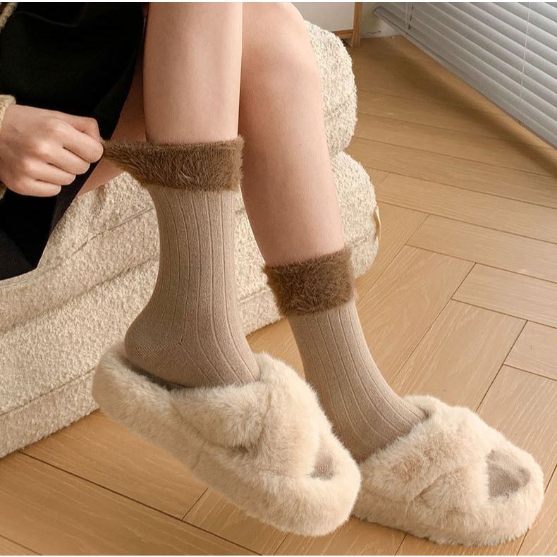 ถุงเท้าขนมิงค์ทูโทนสไตล์วินเทจ สำหรับฤดูใบไม้ร่วงและฤดูหนาว เสริมความหนาด้วยปลายแขนผ้า - รูปที่ 5