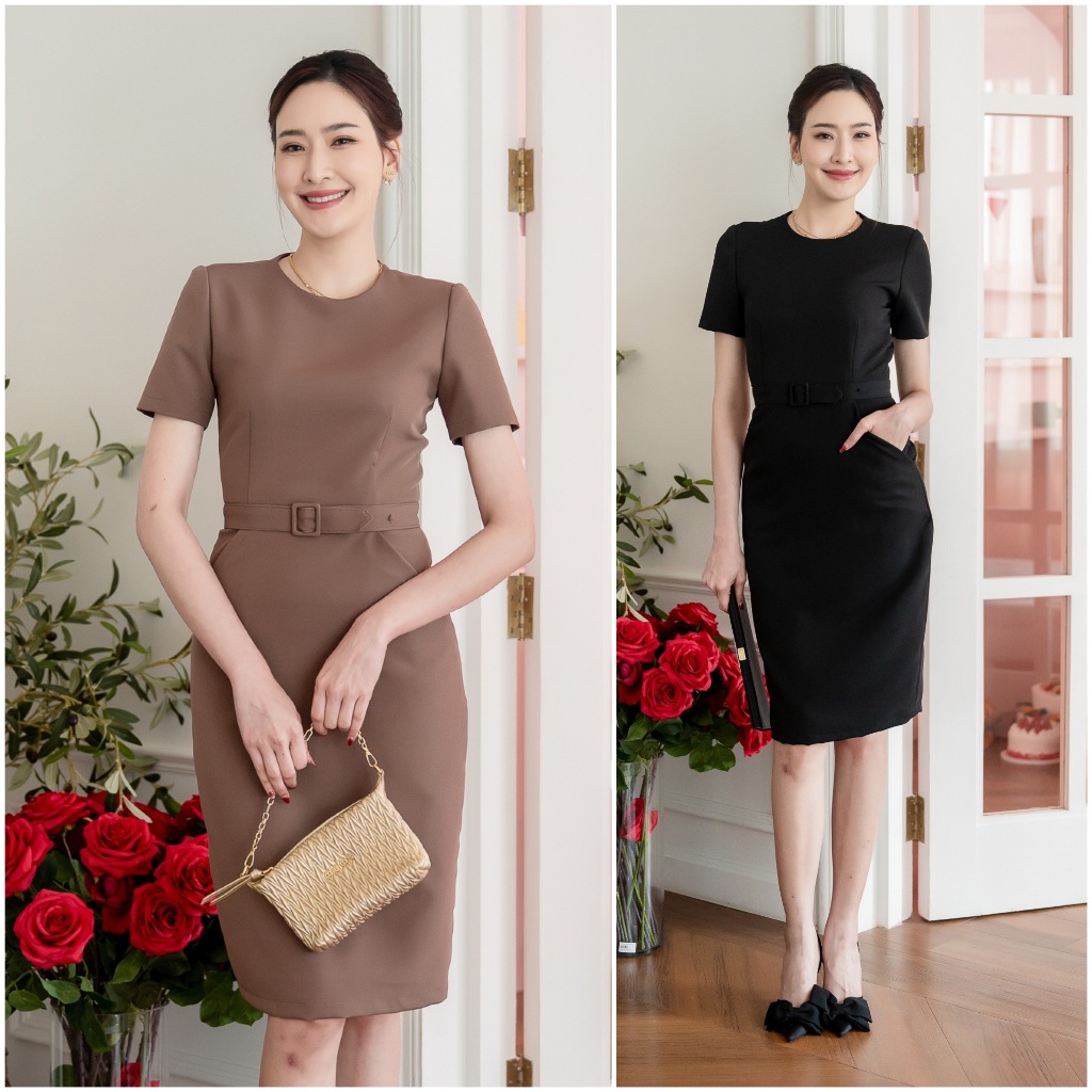 PD367 Dress with Belt เดรสผ้าเปเป้คอกลม แขนสั้น มีเข็มขัด กระโปรงเข้ารูปทรงสอบ มีกระเป๋า