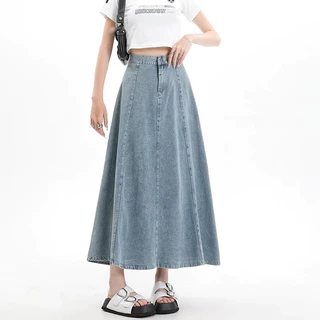 S~5XL Long skirt women Elastic band design กระโปรงยีนส์เอวสูงทรงเอเอวสูงสไตล์เกาหลีแบบไม่มีร่องผ่ากระโปรงทำงานทรงหางปลา
