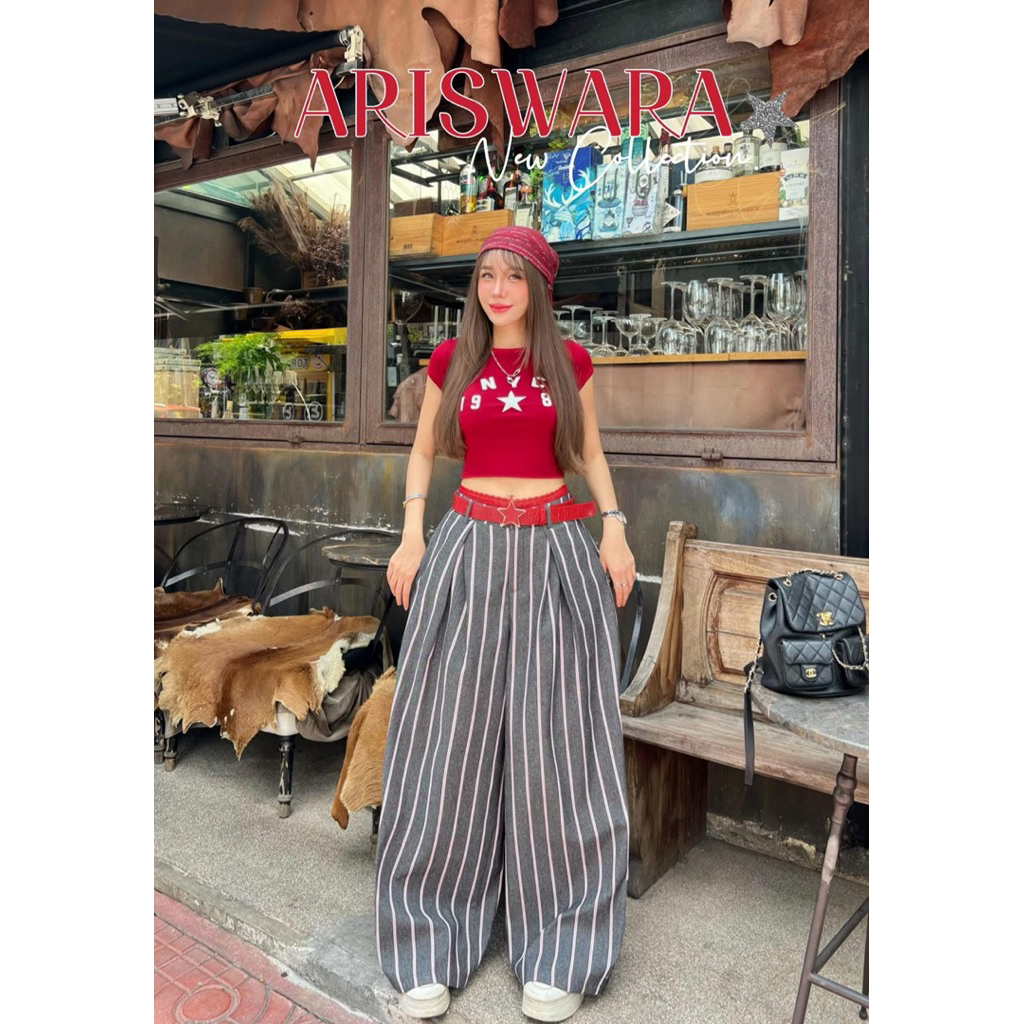 Ariswara Brand เซ็ตกางเกงลายริ้วสีแดง❤️