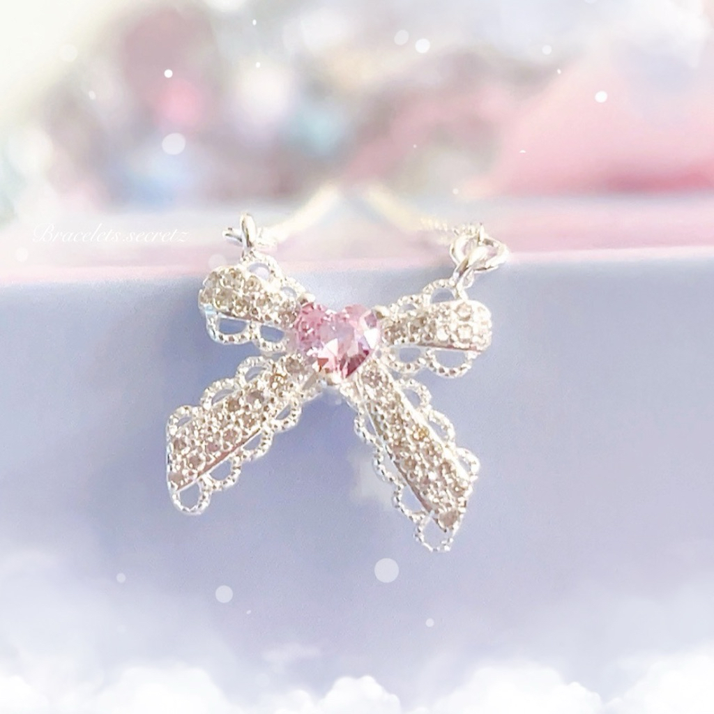 💗ลด80฿💗 โค้ดหน้าร้าน 🎀🩷 Ribbon 💗 สร้อยคอชุบเงินแท้ 92.5% คริสตัลชมพู หัวใจ (57) สร้อย ชมพู คุณหนูมาก