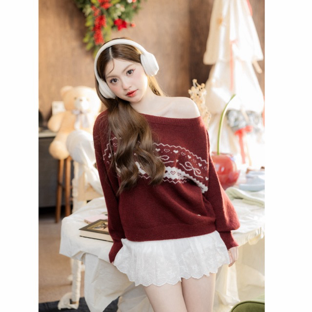 (พร้อมส่ง)RIKA JAVIE เสื้อไหมพรมปาดไหล่