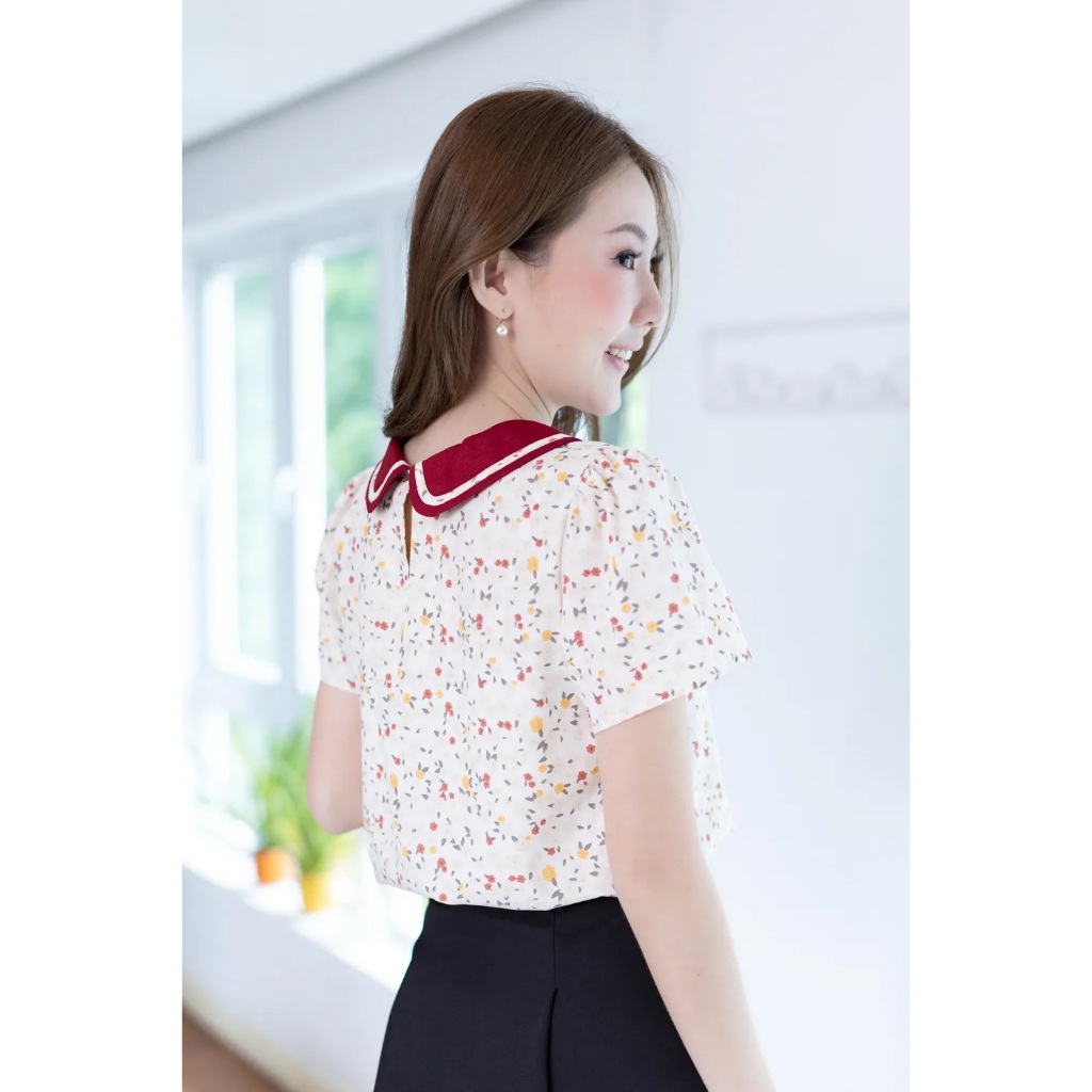 Narinari : MT4101 Trimmed Peter Pan Collar Blouse เสื้อทำงานปกบัวผ้าพิมพ์ลาย ราคา ถูกที่สุด ดีลบีเคเค แกลเลอรีภาพที่ 8