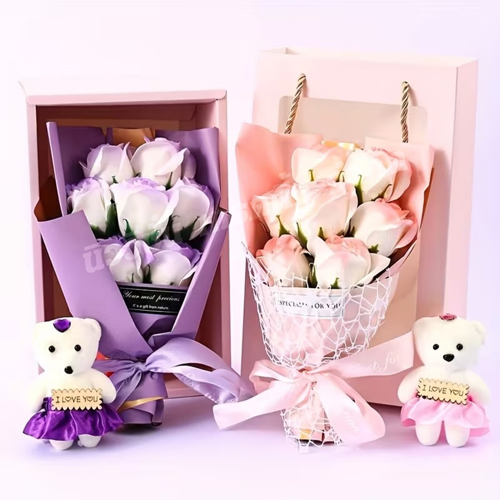 K-001 ช่อดอกกุหลาบ ตุ๊กตาหมี ดอกไม้แห้ง ช่อดอกไม้ ของขวัญวันวาเลนไทน์ เทศกาลต่างๆ พร้อมถุงกระดาษ เลือกสินค้าก่อนสั่ง - รูปที่ 4