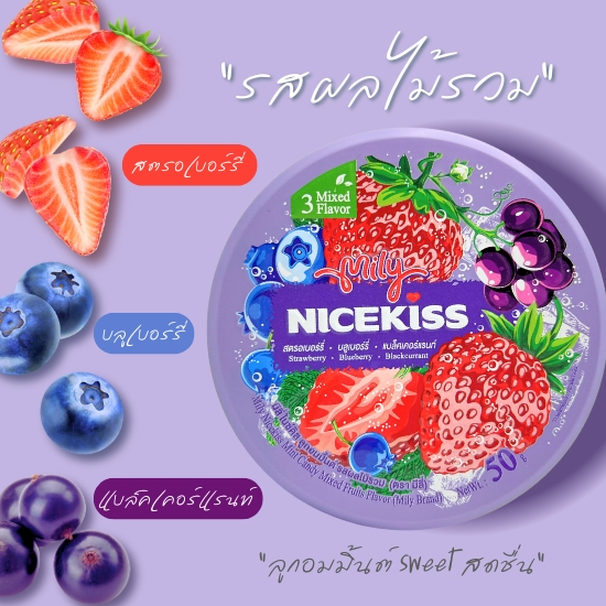 Mily Nickiss ลูกอมมิ้นต์ รสผลไม้รวม(สตรอเบอร์รี่/บลูเบอร์รี่/แบล็คเคอร์แรนท์) ขนาด 50 กรัม