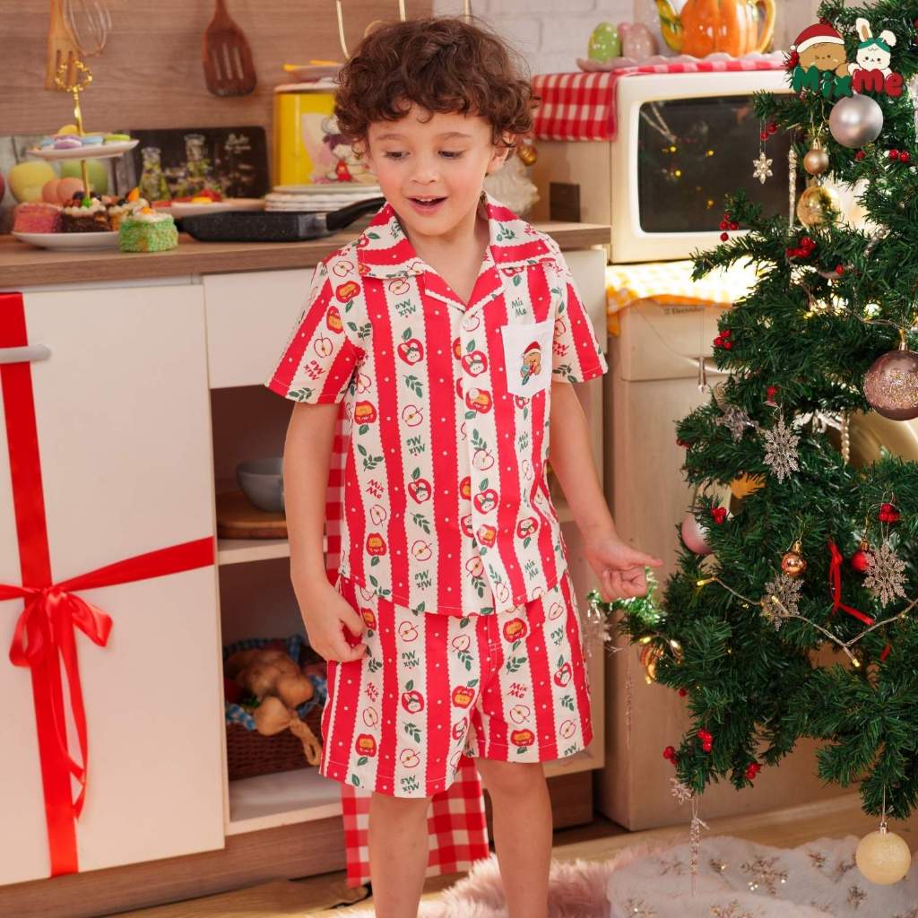 Mix Me เสื้อเชิ้ต กางเกงขาสั้น ลายคริสต์มาส ผ้า Oxford / Woven เด็กชาย อายุ 1-7 ปี เสื้อผ้าเด็ก รุ่น