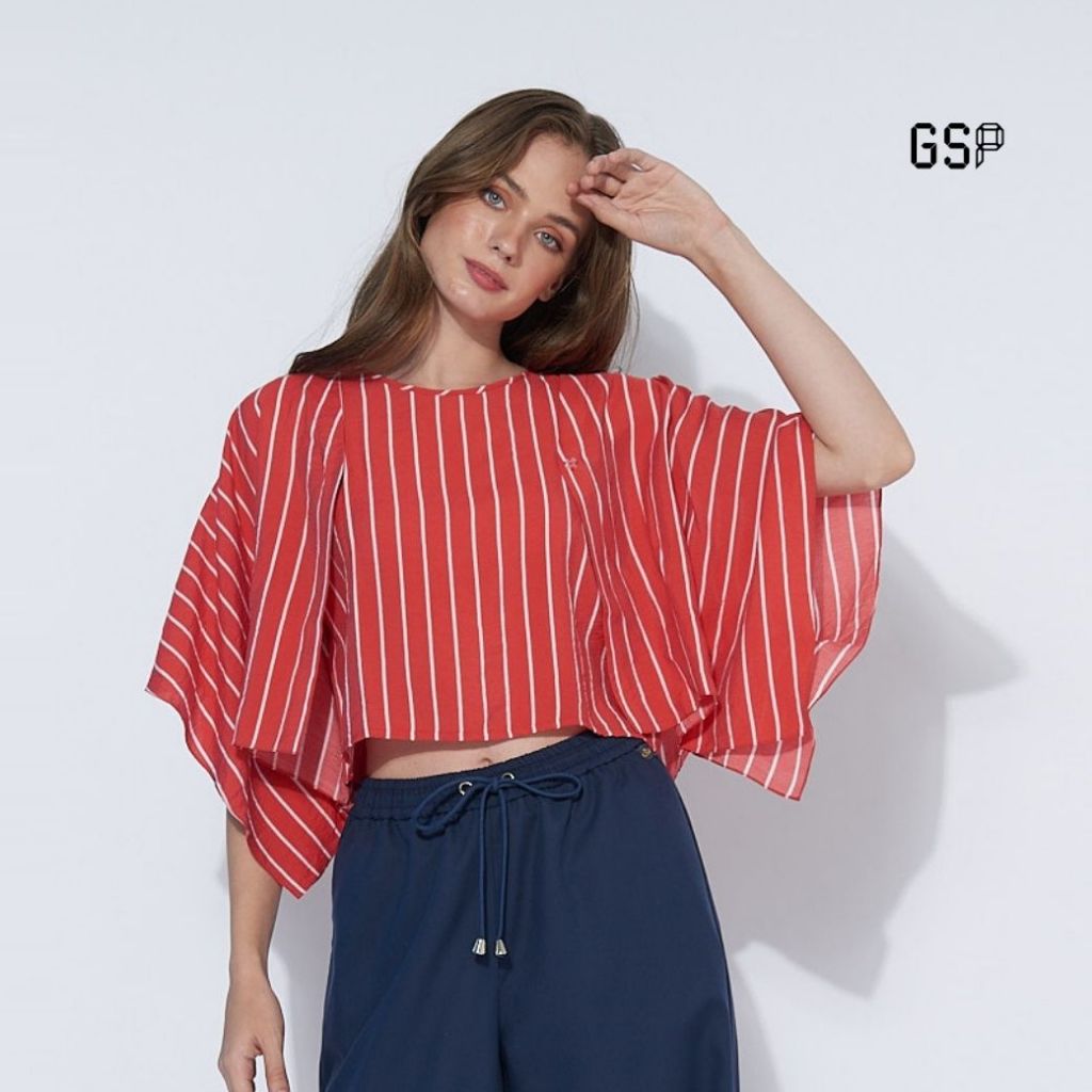 GSP Blouse เสื้อครอป ผ้าคอตตอน ลายทางสีแดง (SU9FRE)