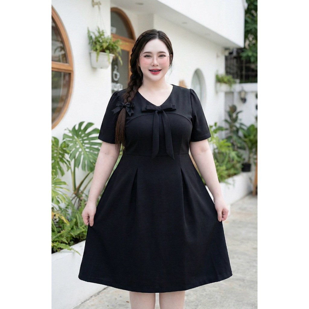 E13-H23เดรสสั้นแต่งโบว์-เรียบร้อยหรูหรางานสาวอวบพลัสไซส์🤩รวมไซส์