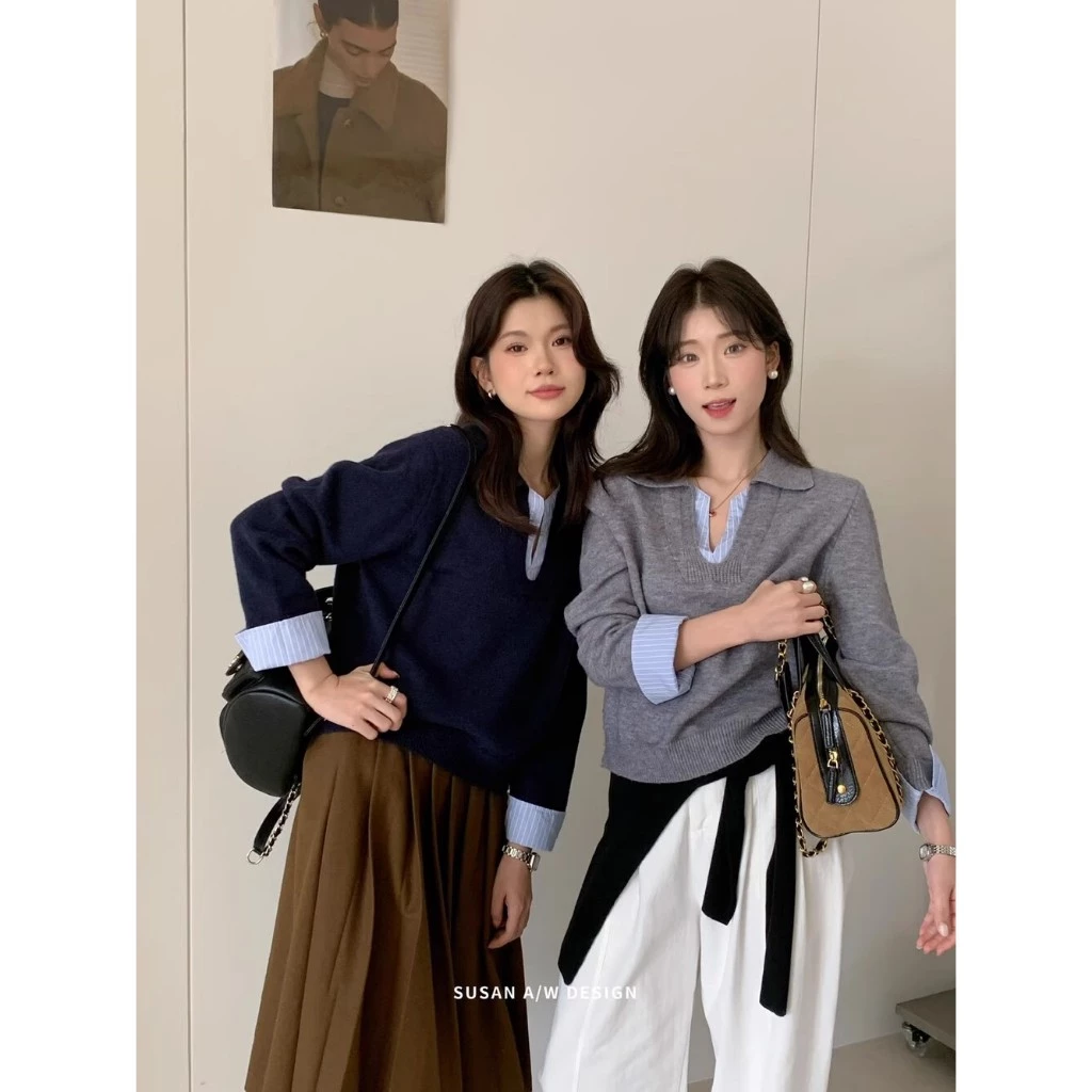 Gakki เสื้อสเวตเตอร์ถักลายปะติดปะต่อแบบสองชิ้นแขนยาวกันหนาวผู้หญิง เสื้อไหมพรมสไตล์เกาหลีฟรีไซส์ พร้อมส่ง 3383#