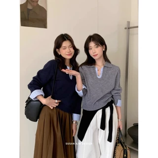 Gakki เสื้อสเวตเตอร์ถักลายปะติดปะต่อแบบสองชิ้นแขนยาวกันหนาวผู้หญิง เสื้อไหมพรมสไตล์เกาหลีฟรีไซส์ พร้อมส่ง 3383#