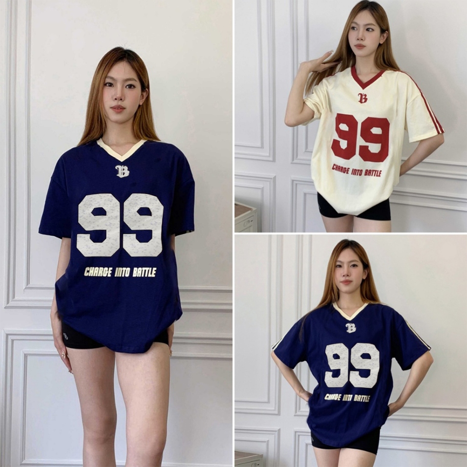 cherryshop🍒พร้อมส่ง เสื้อยืดสวยๆผู้หญิง oversize เสื้อเบสบอล คอวี แขนสั้นย้อนยุค ดีไซน์เก๋ไก้ พิมพ์ตัวอักษร