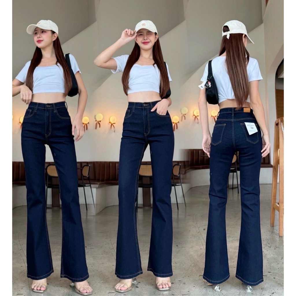 กางเกงยีนส์ขาม้า สีกรมเข้ม เอวกลาง ผ้ายืดหนา ใส่แล้วขาดูยาว สูง พรางหุ่นดูผอม แมทช์กับเสื้อได้ทุกสี