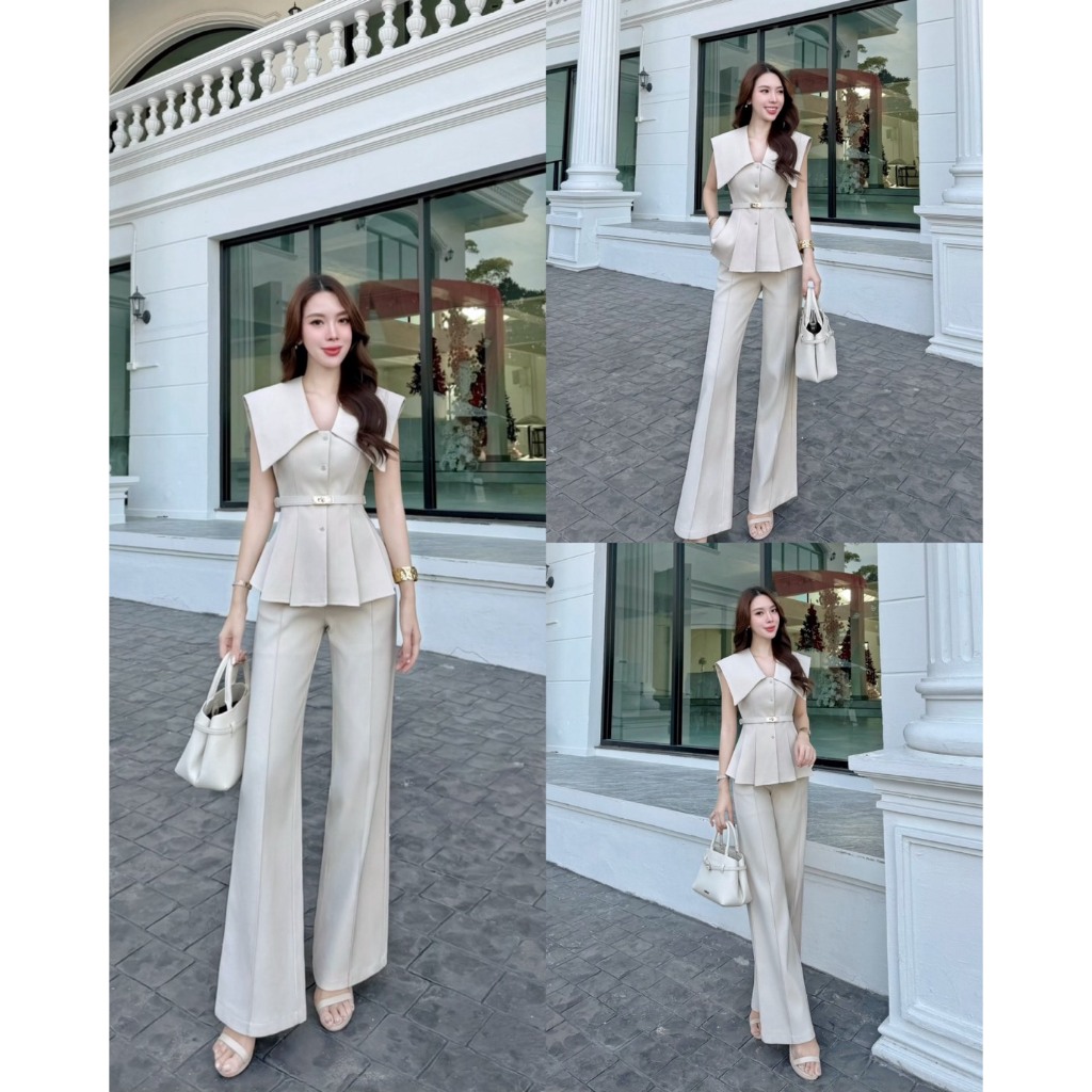 THE CLOSETA : LB587 ชุดเซ็ทเสื้อทรงคอปกใหญ่กระดุมหน้า พร้อมเข็มขัด กางเกงขายาวเข้าชุดผ้าสูท ราคา ถูกที่สุด ดีลบีเคเค แกลเลอรีภาพที่ 2