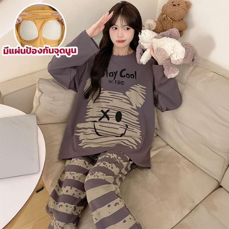 ชุดนอนแขนยาวขายาว ชุดนอนผู้หญิง มีบราในตัว ชุดเซตผู้หญิง 2 ชิ้น ผ้านิ่มไม่บาง ลายการ์ตูนน่ารักๆ ชุดนอนแฟชั่น - รูปที่ 2