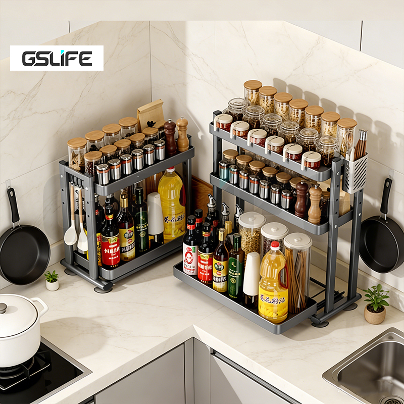 GSlife ชั้นวางเครื่องปรุง แบบสอง/สามชั้น ชั้นล่างดึงออกได้ ความจุขนาดใหญ่ อุปกรณ์ครบชุด