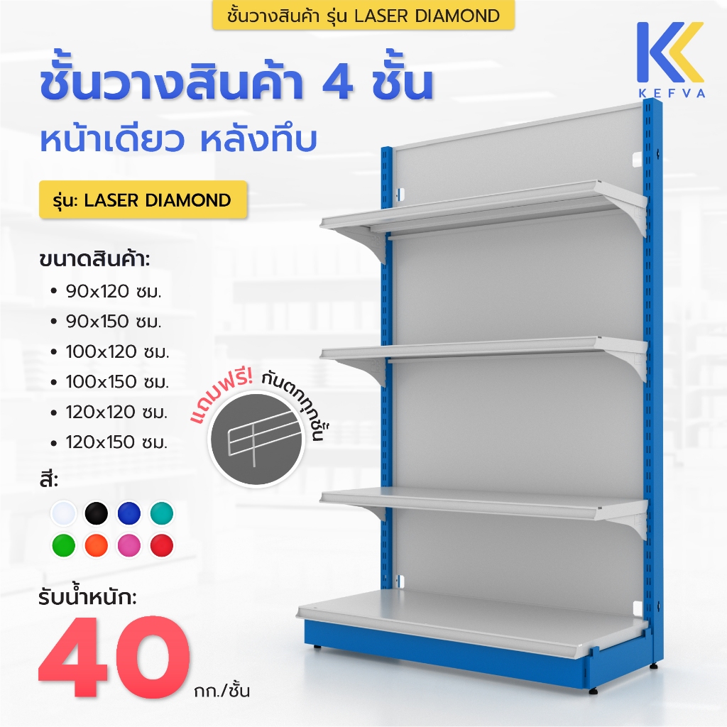 KEFVA ชั้นวางสินค้ามินิมาร์ท 4 ชั้น หลังทึบ หน้าเดียว สูง 120-150 cm รุ่น Laser Diamond รับนน. 40kg/