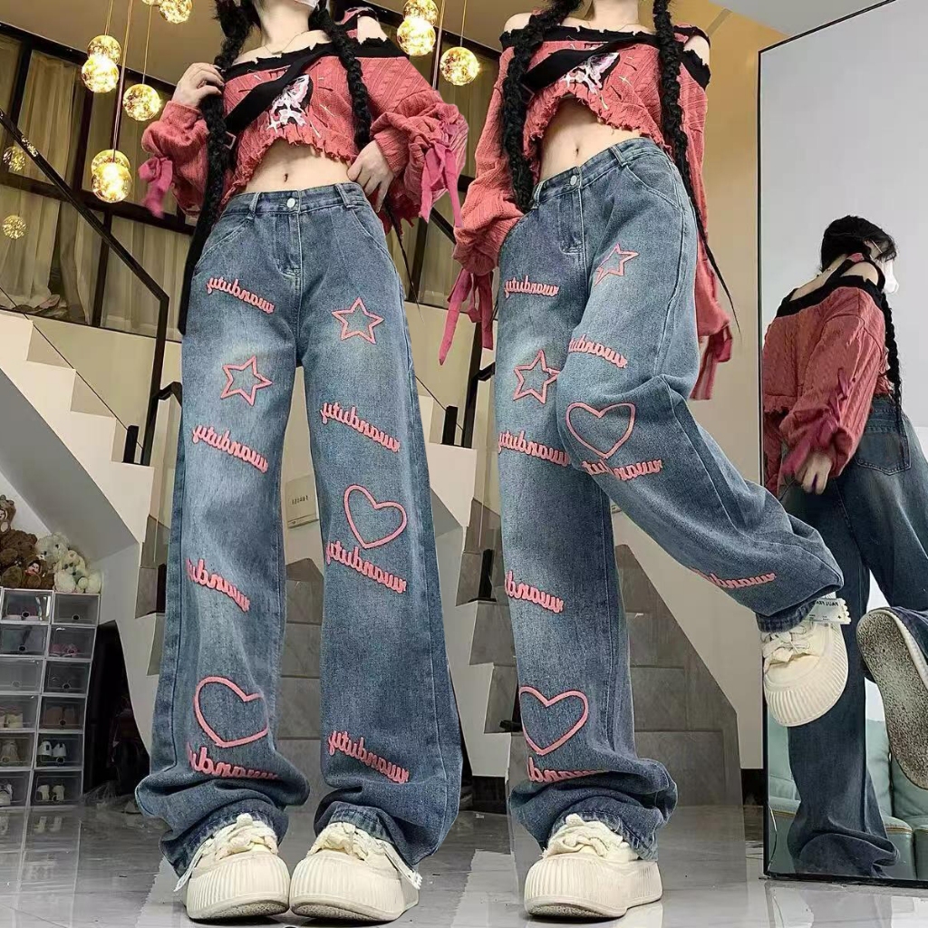 S~5XL Embroidery Design jeans Blue กางเกงยีนส์ทรงตรง เอวสูง ทรงหลวม สไตล์ใหม่ปี 2025 ดีไซน์ปักลายหัวใจ HOT