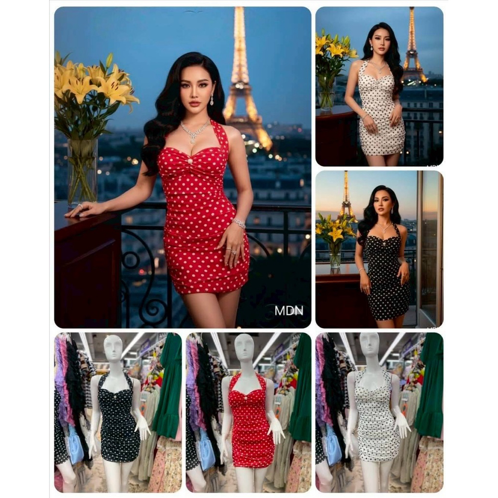 MDN. cocktail dressคล้องคอย่นหน้า-หลัง ผ้าซีทรูพิมพ์ลายจุดpolka dot แต่งกระดุมเพชรสุดจึ้ง เรียบแต่หร